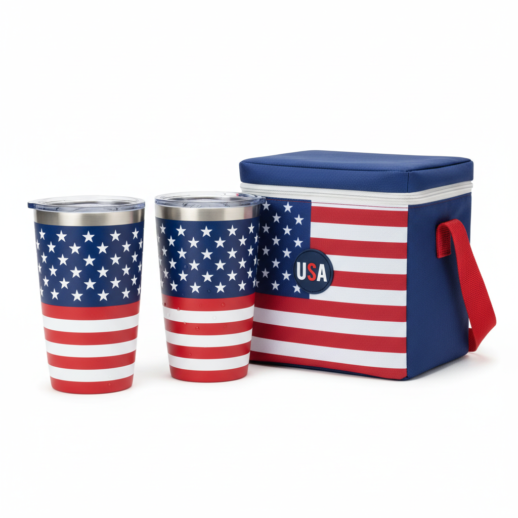 American Flag Insulated Tumbler & Cooler Bag Set – Patriotic Fourth of July Drinkware